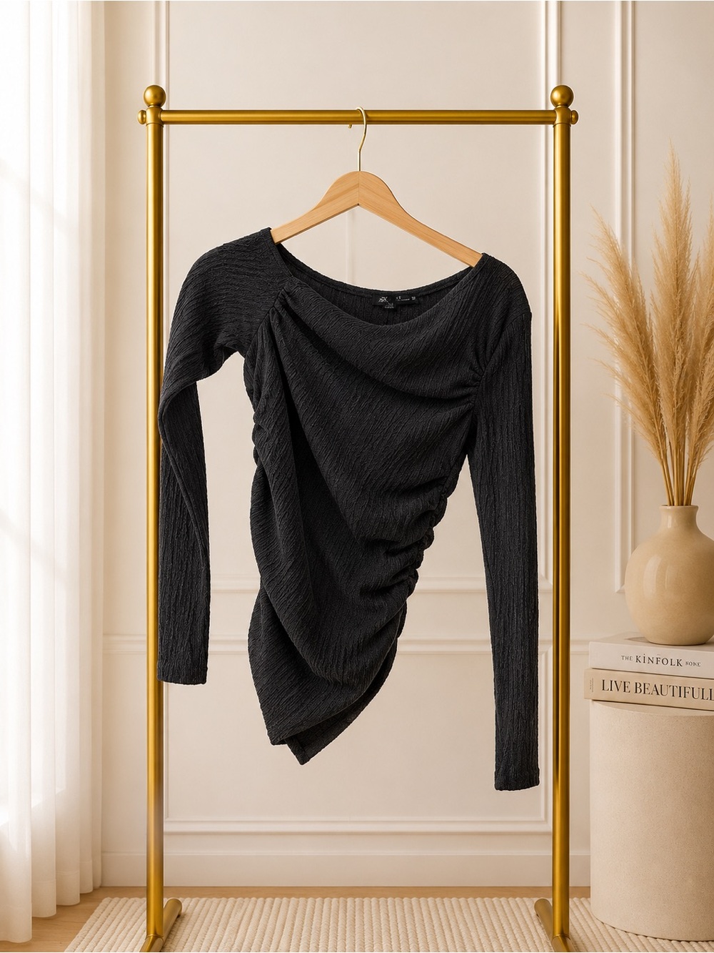 🔴 Zara Black Textured Asymmetric Long-Sleeve Top